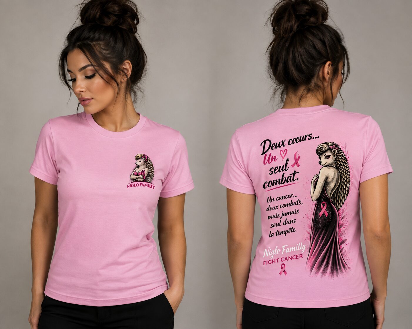 T-shirt rose Octobre Rose Niglo Familly, vues de face et de dos
